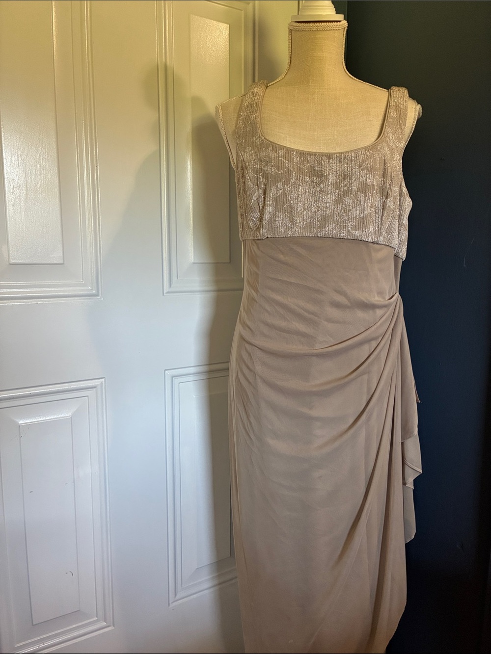 Alex Evenings Taupe Maxi Dress with Textured Bodice